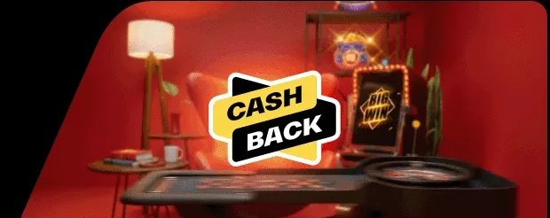 Banner do antigo cassino da KTO com o selo cash back em uma sala vermelha