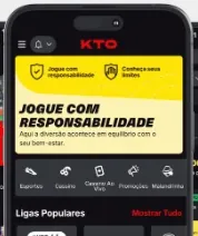 Tela do app da KTO com a faixa Jogue com Responsabilidade e o botão Conheça seus limites