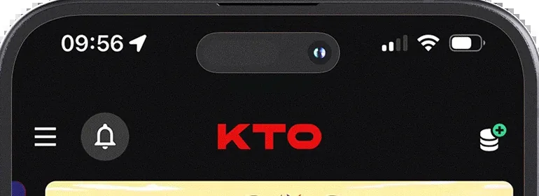 Topo do aplicativo da KTO com o logotipo vermelho, visual copiado por páginas falsas